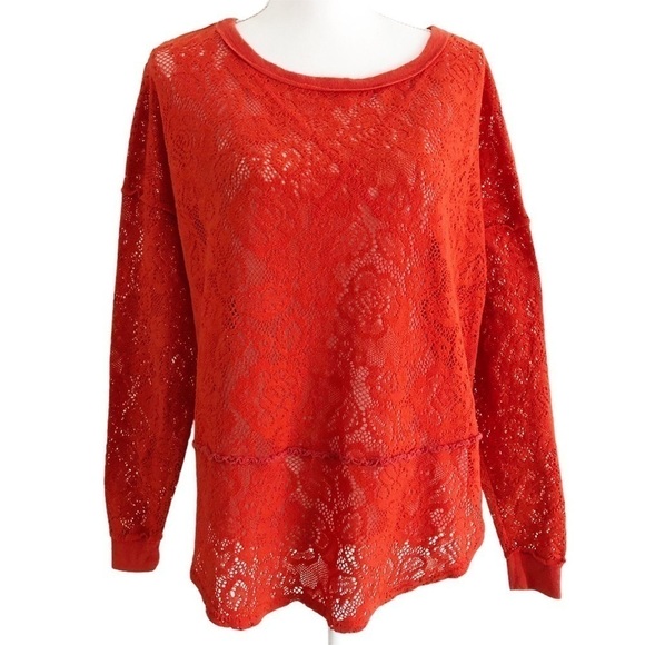 Free People Lace Pullover Orange Top Small - Picture 1 of 16